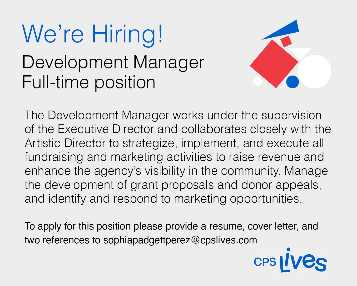 CPS Lives, we're hiring, job, chicago, nonprofit organization, development manager, art